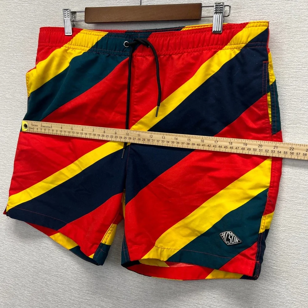 PacSun Swim Trunks Mens Large Red‎ Yellow Navy Diagonal Striped Board Shorts